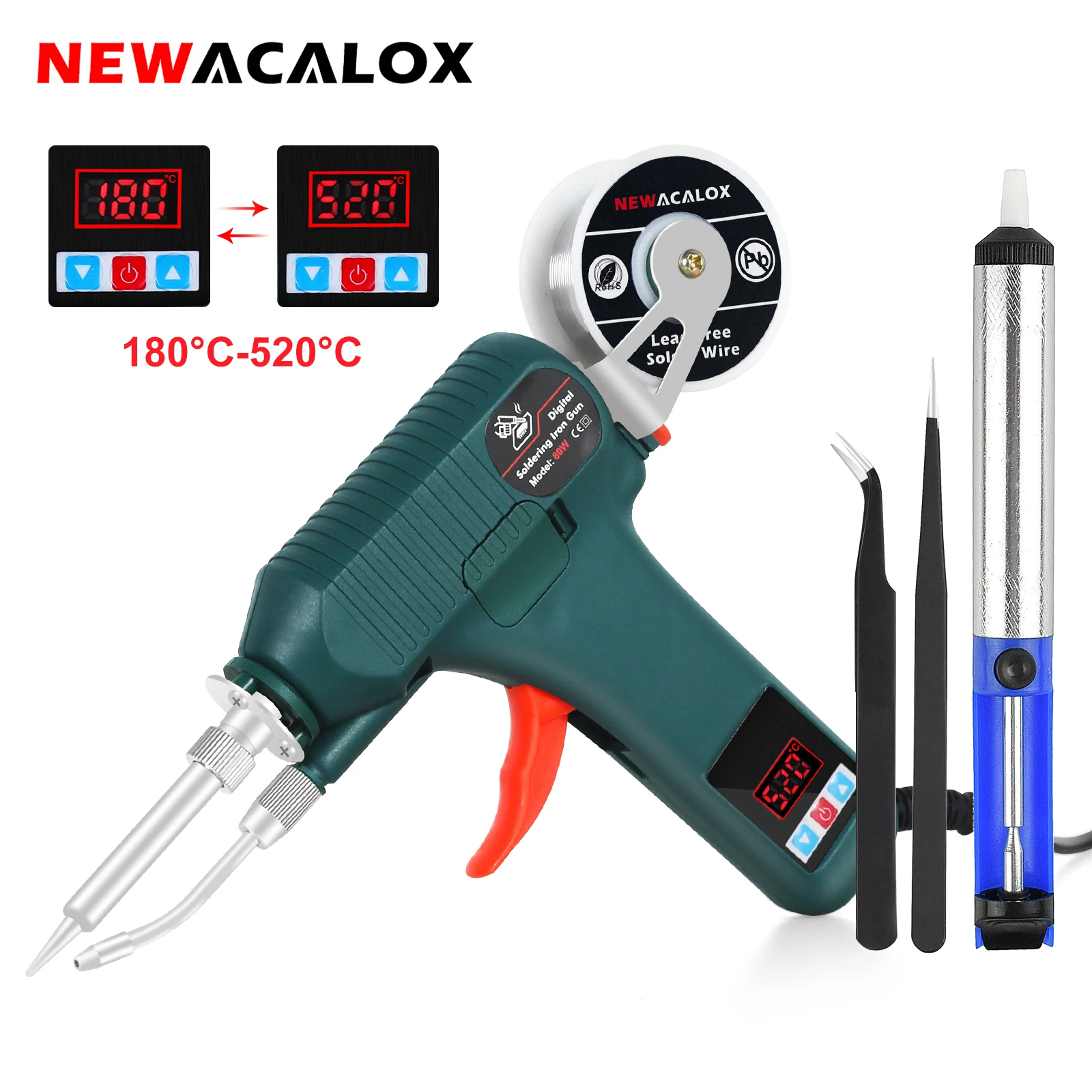 NEWACALOX  80W Digital Display Automatic Send Tin Gun 180-520℃ Adjustable Electrical Soldering Iron Gun EU/US for Welding Repair