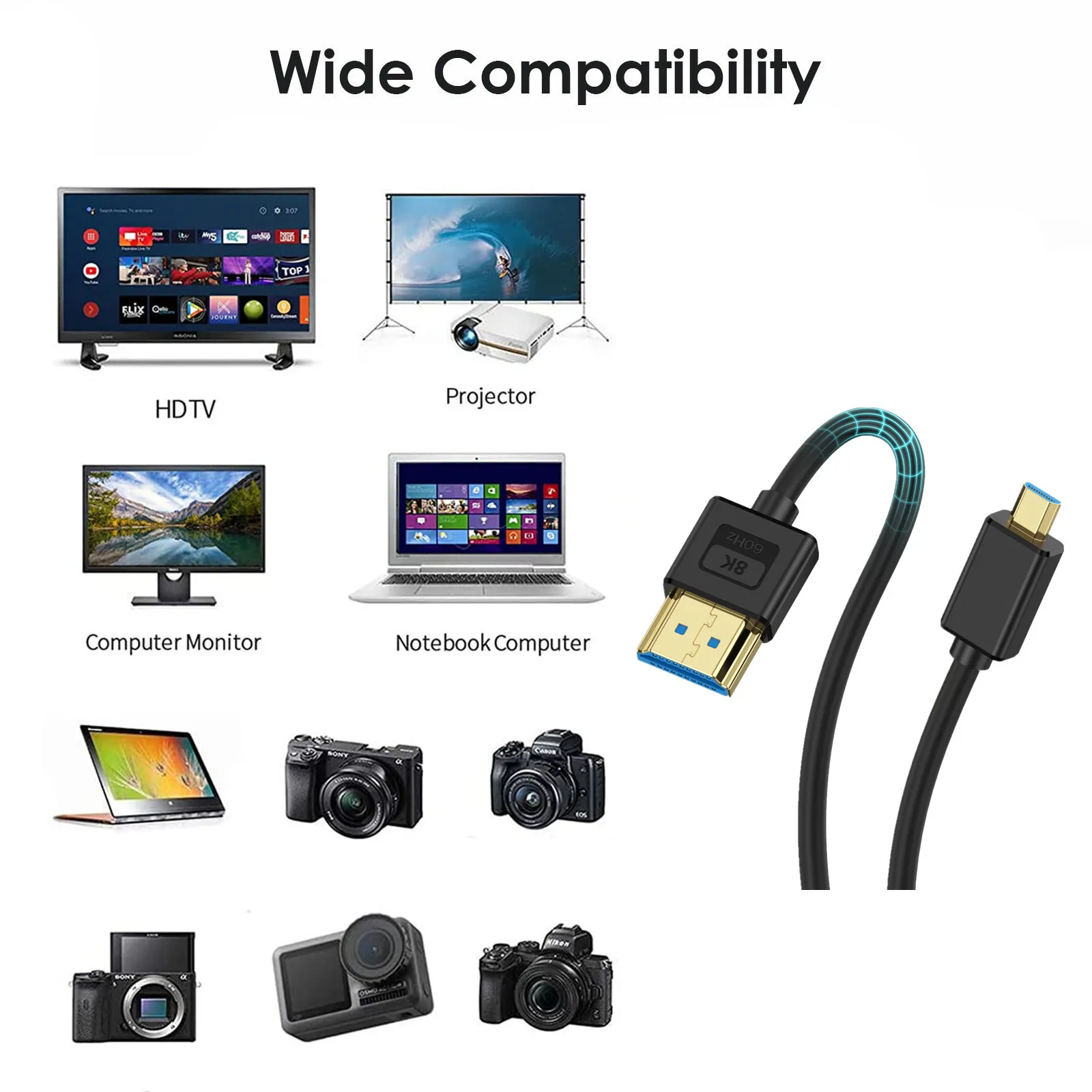 Silicone Extreme Slim 90°angle 8K@60Hz 4K@120Hz Micro HDMI to HDMI 2.1 Cable   for with Digital Cameras Camcorders Tablets