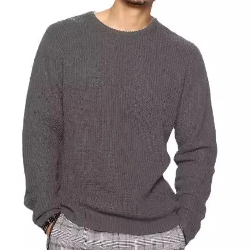 

Autumn Winter 2025 Men Pullovers Sweaters Knitted Tops Loose Casual Round Neck Full Sleeve Knit Solid Top Splice Regular Male