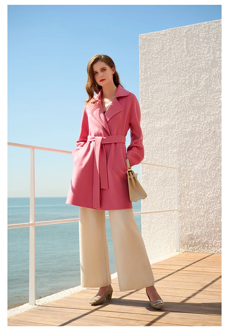 High Quality Double-sided Water Ripple Wool Women's Autumn Winter Coat Cashmere Camel Lapel Belt Coat Youth Fashion Soft Luster