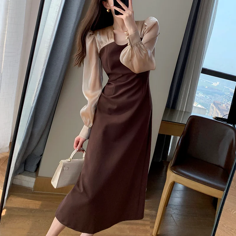 

Autumn Vintage Long Sleeve Midi Dress Women Elegant Office Lady V-neck Puff Sleeve Dress Korean Sexy Split Evening Party Dress