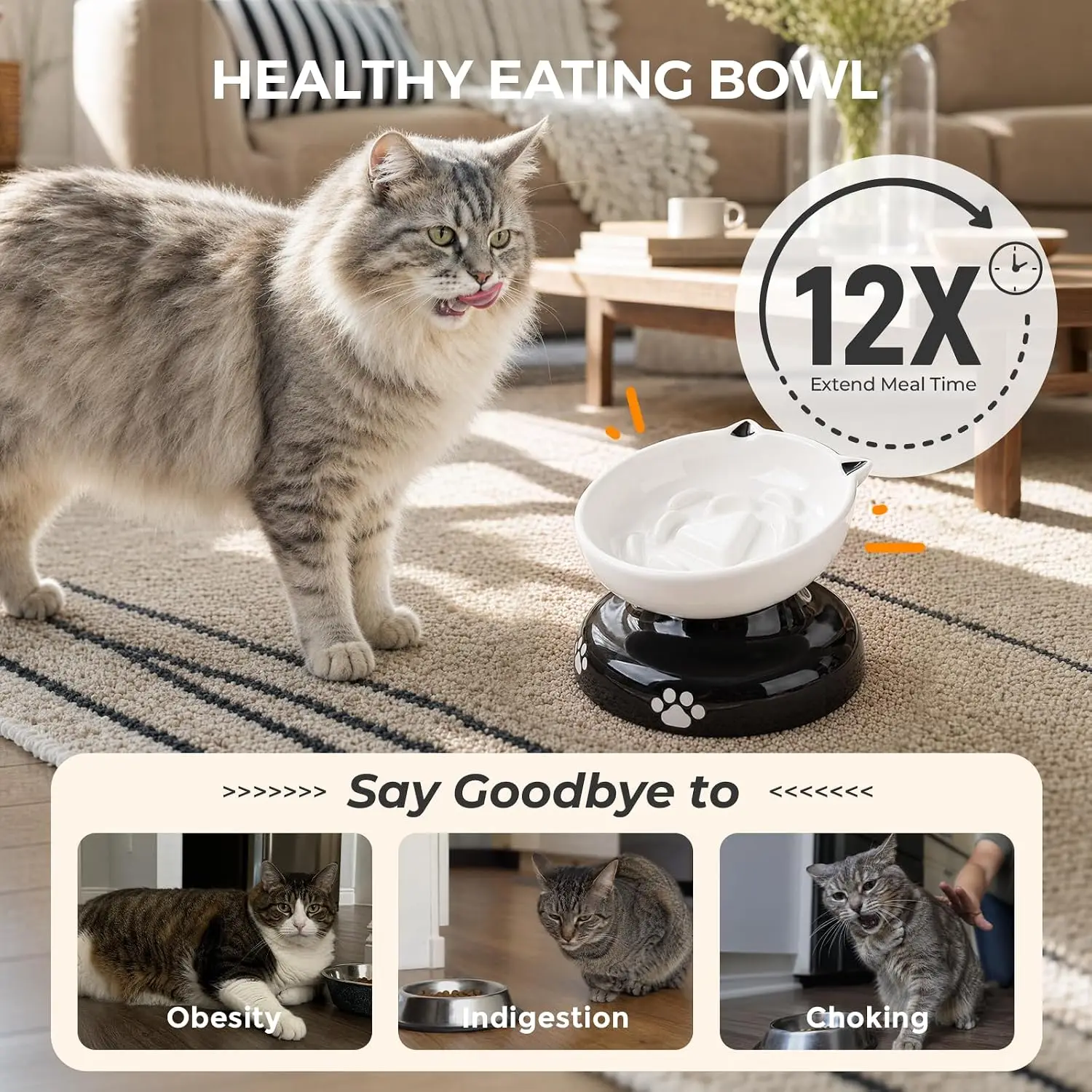 Ceramic Slow Feeder Bowl Elevated Tilted Anti-Chin Stain Cat Shape Dry Wet Food Pet Dish, Customized