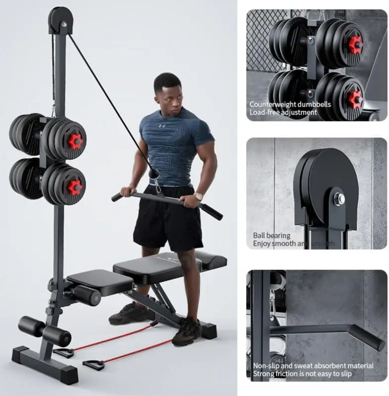 Panca da allenamento multifunzionale per palestra domestica 12 in 1, sistema di pulegge alte/basse, panca sit-up LAT, sviluppatore di gambe pull-down, stren regolabile