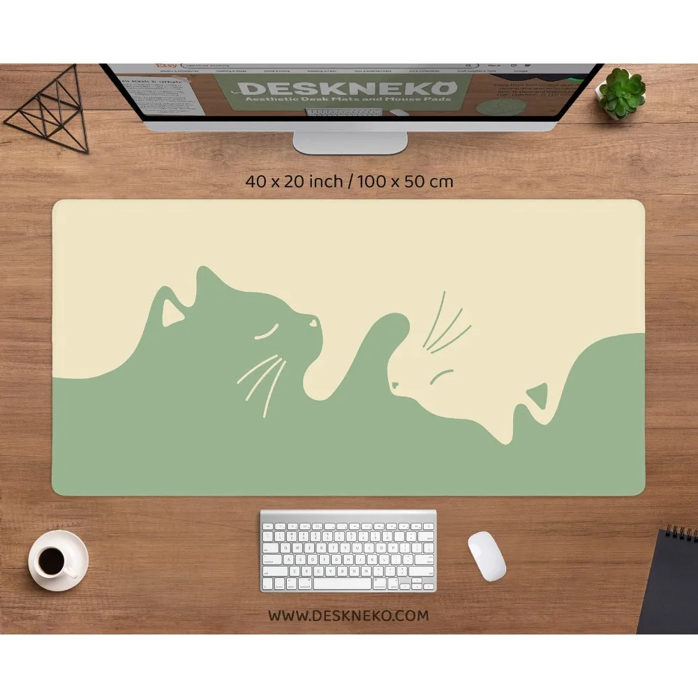 Cute Cats Deskmat, Matcha green Mousepad minimalist, kawaii cat sage soy milk aesthetic wrist rest alfombrilla ratón