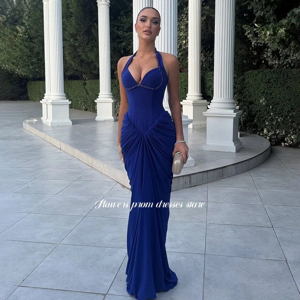 

Flowers Royal Blue Party Dress with Pleats Beading Evening Dress Crepe Prom Dress Halter فستان سهرة Celebrity Dress Customized