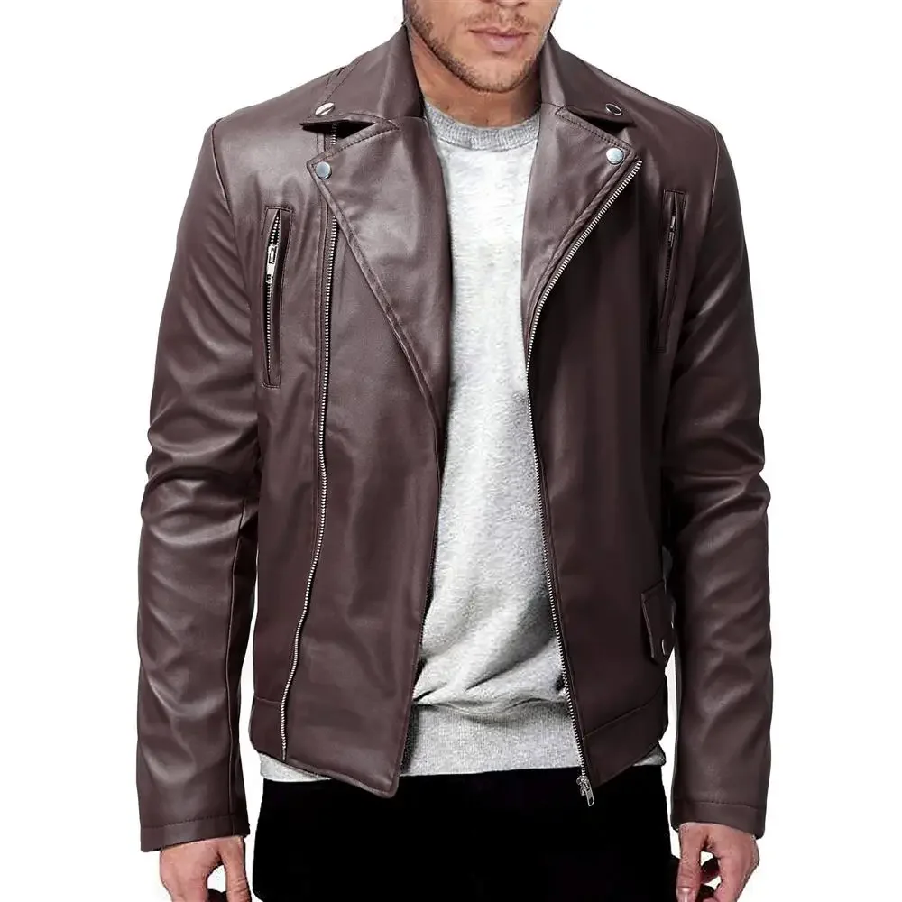 2024 Men PU Leather Jacket Solid Casual Slim Zipper Long Sleeve Turn-Down Collar Punk Style Motorcycle Leather Jacket Clothes