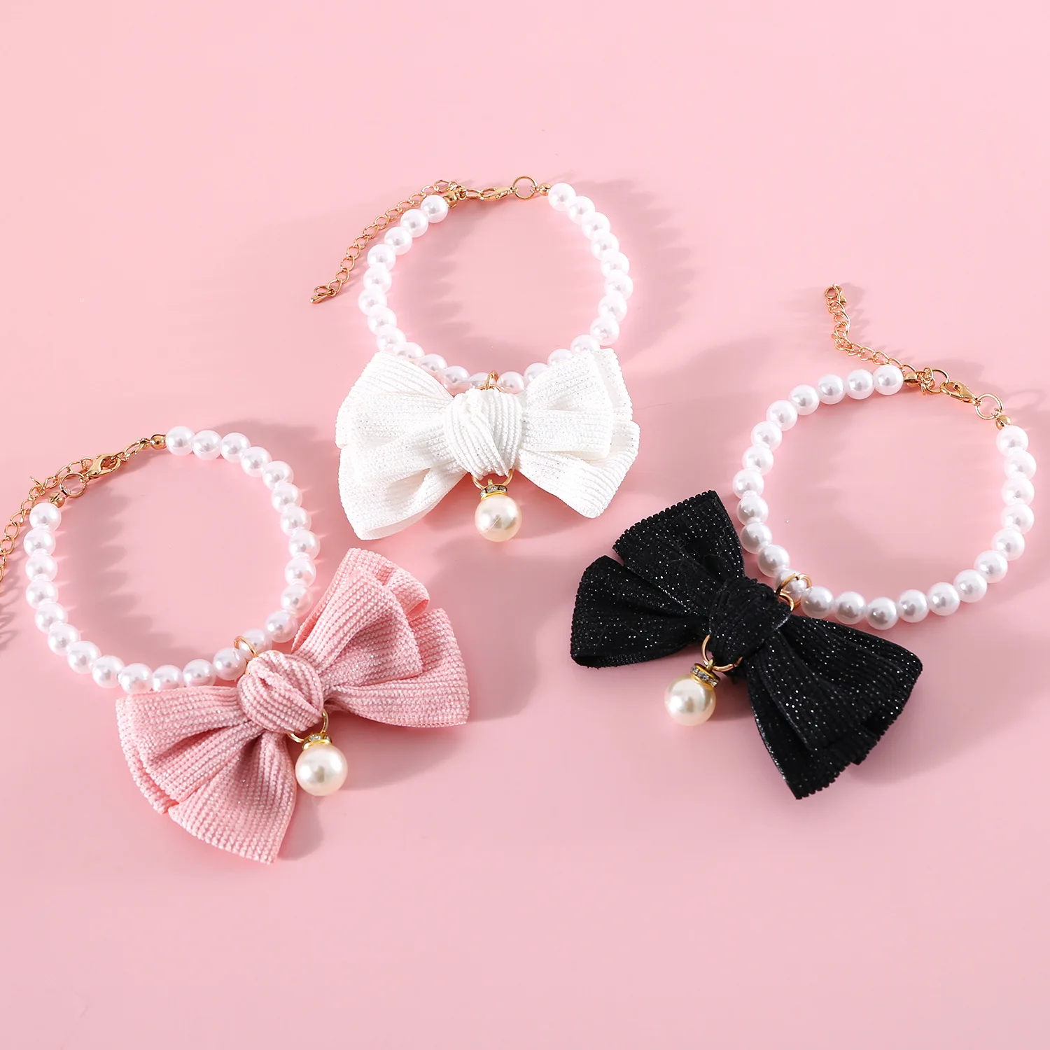 New Pet Pearl Diamond Bow Cat Necklace Princess Style Velvet Necktie Pendant Birthday Dog Collar Pet Accessories