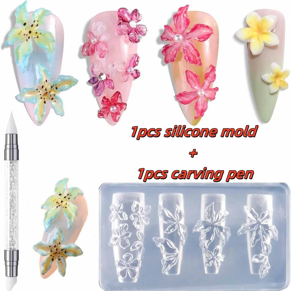 2/3pcs Lily & Cherry Blossom Petal Nail Mold Floral Silicone Nail Art Stencils Manicure Pedicure DIY Designs Reusable Nail Tools