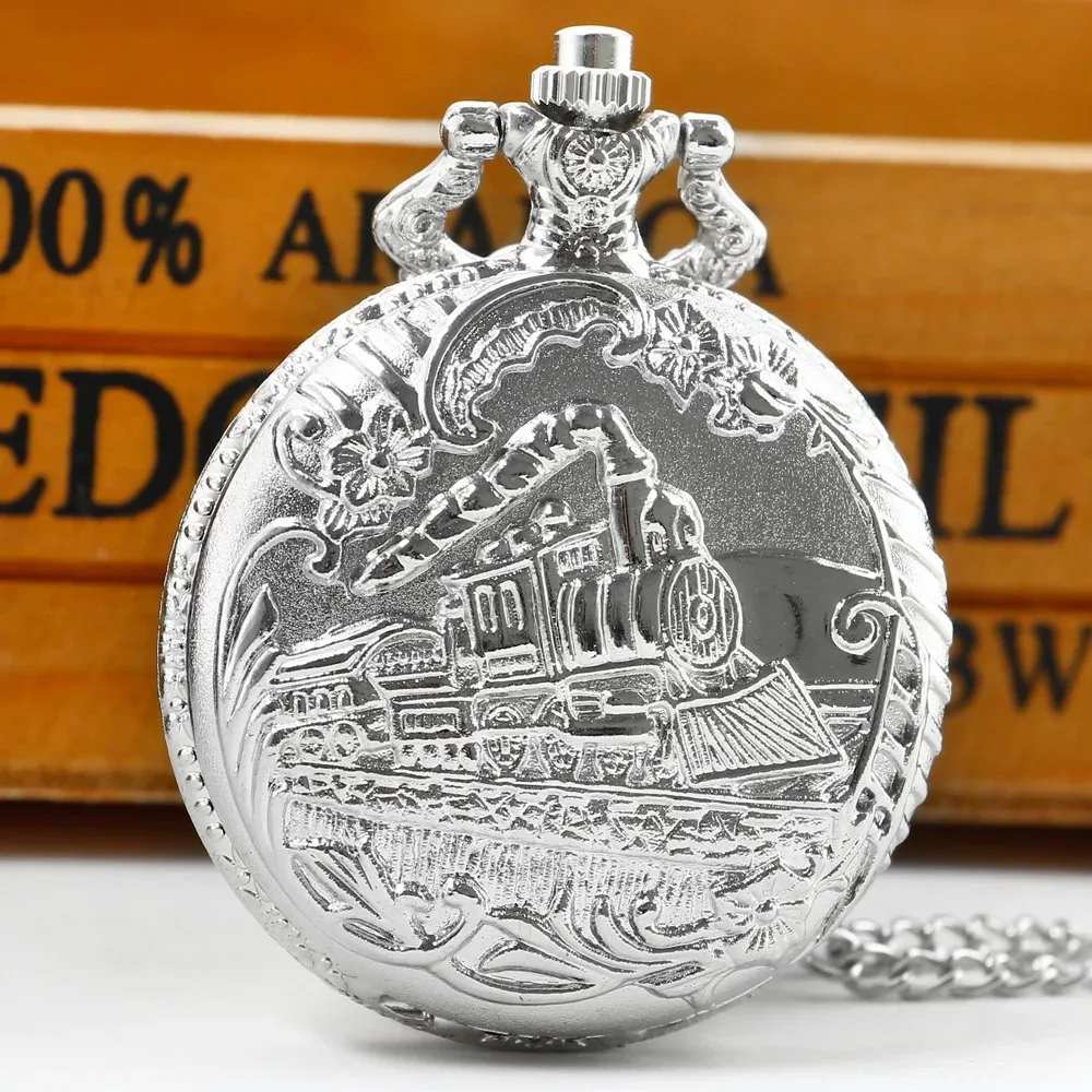 قطار فضي منحوت كوارتز ساعة جيب الرجال النساء ساعة الموضة قلادة قلادة ساعة الهدايا Steampunk