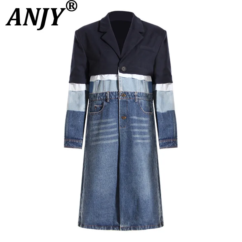 

ANJY Autumn Winter Women Fashion Niche Tide Denim Trench Coat Color Block Patchwork Buttons Chic Trendy Mid-Length Jacket A13511