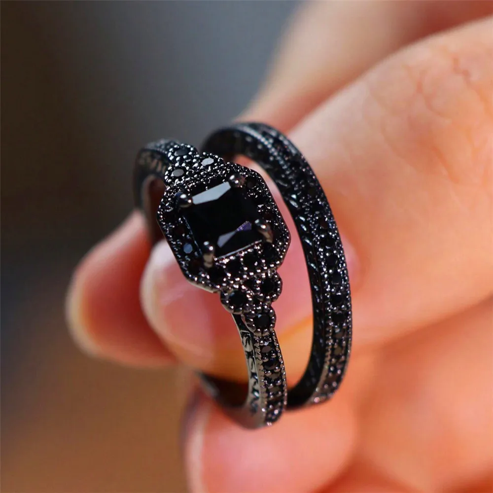 Vintage Male Female Crystal Zircon Stone Engagement Ring Set Black Gold Color Wedding Jewelry For Men And Women