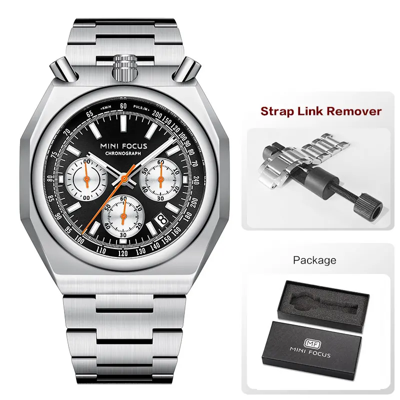 MINI FOCUS Chronograph Quartz Watch for Men Fashion Waterproof Luminous Wristwatch with Calendar Stainless Steel Strap 0601
