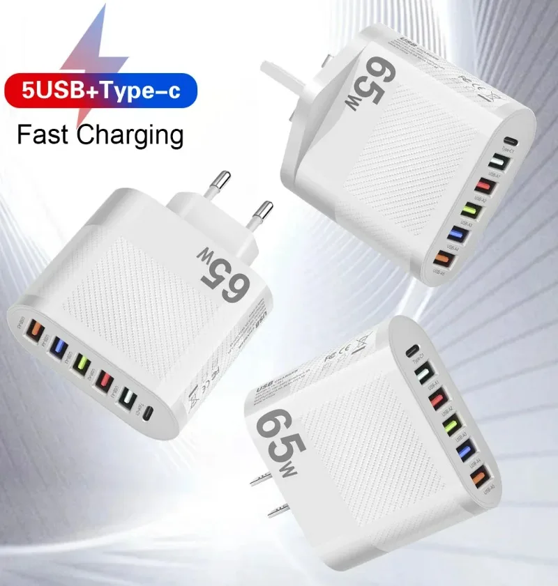 65W 5 USB+Type C Charger 6 Port Fast Charging for IPad IPhone Pro Max Huawei Samsung Xiaomi EU/US/UK Plug Multi Power Adapter