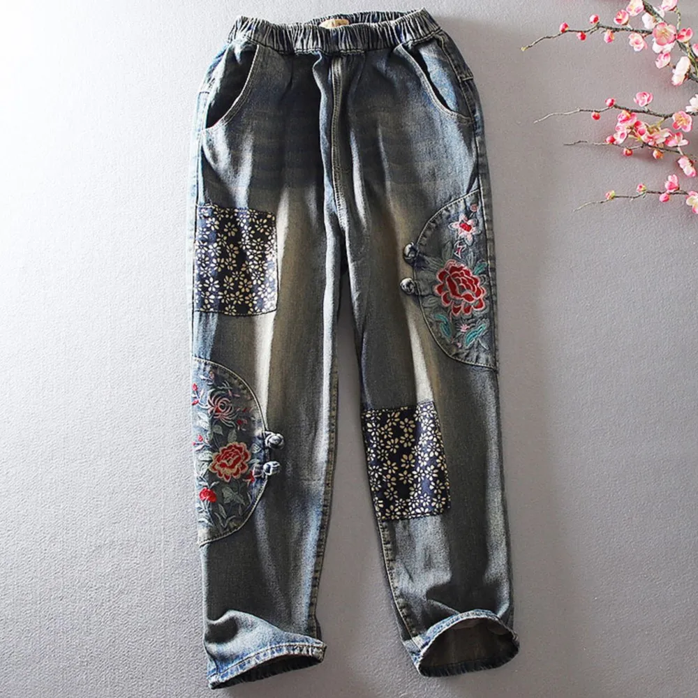 

Spring and Autumn Elastic Waist Loose Slimming casual Embroidered Harlan Pants Jeans Women's Pants