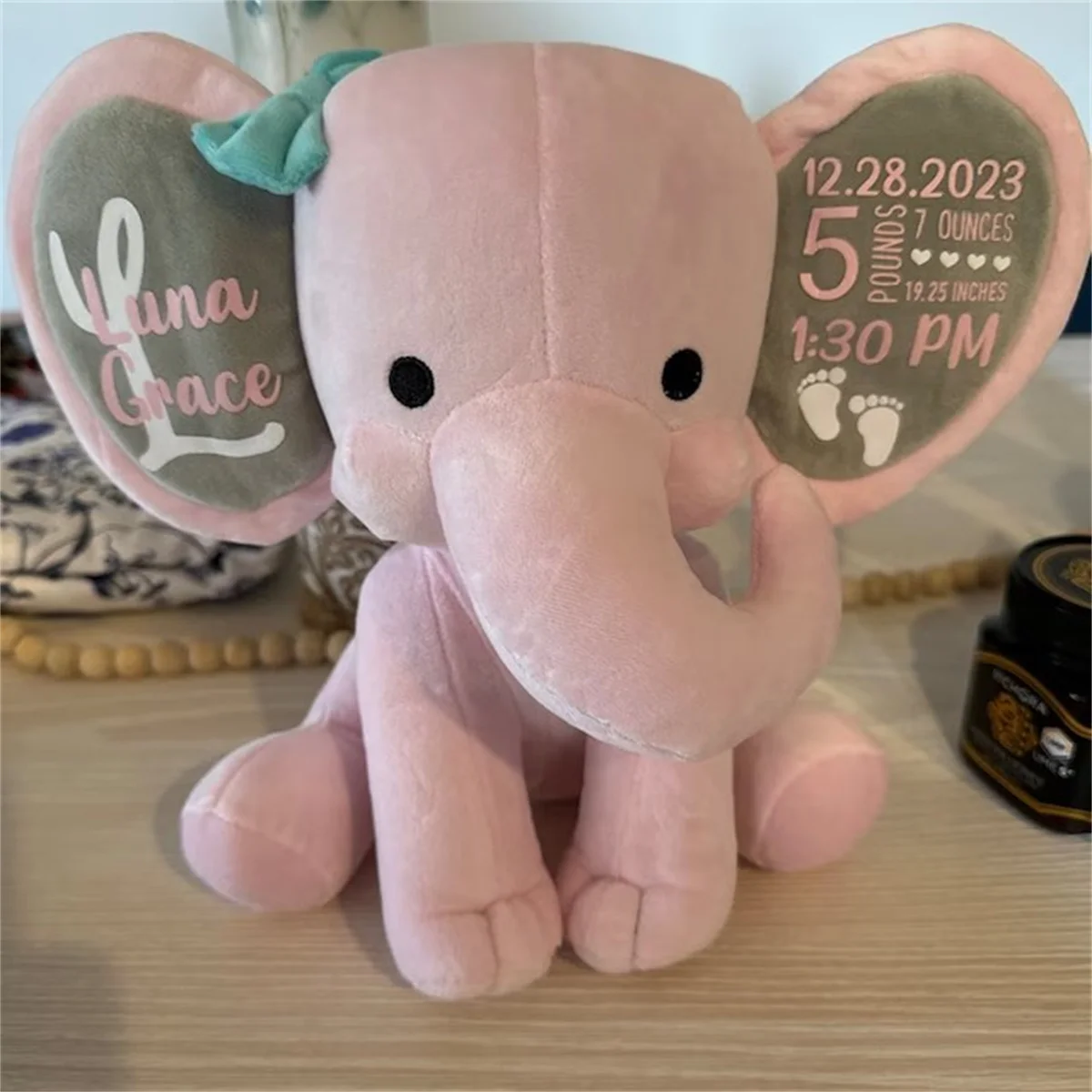 personalized elephant, stuffed animal gift, baby shower gift, newborn gift, new baby gift, birth announcement, baby gift, welcom