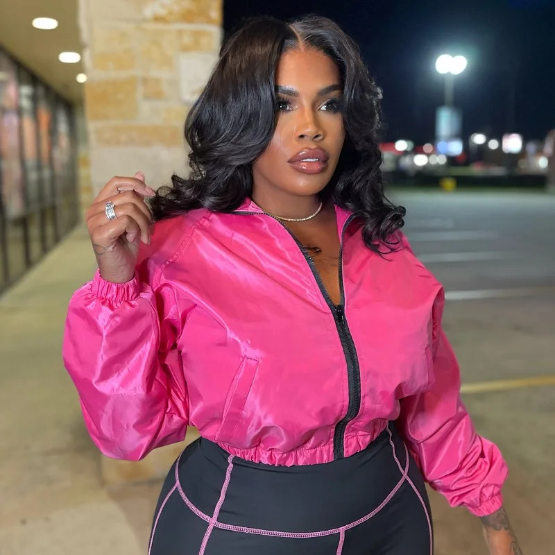 レディースファッション セットアップ カジュアル ツーピースセット 光沢のある長袖ジッパーポケットジャケットトップ＋スキニーフレアパンツ ストリートウェアスーツ