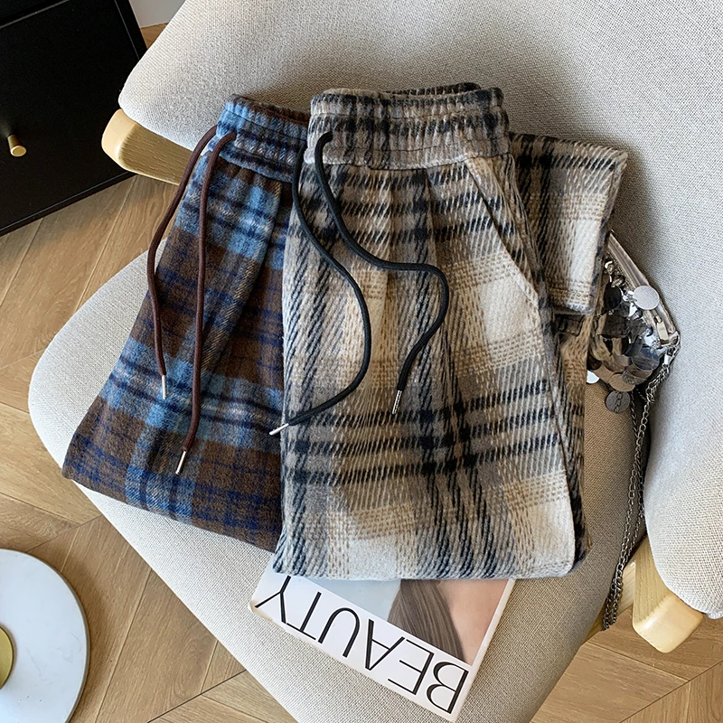 Bomon Autumn/Winter Women's Clothing Slouchy Casual Pants Vertical Slim Warm Drawstring Casual Plaid Sports Pants Straight Pants