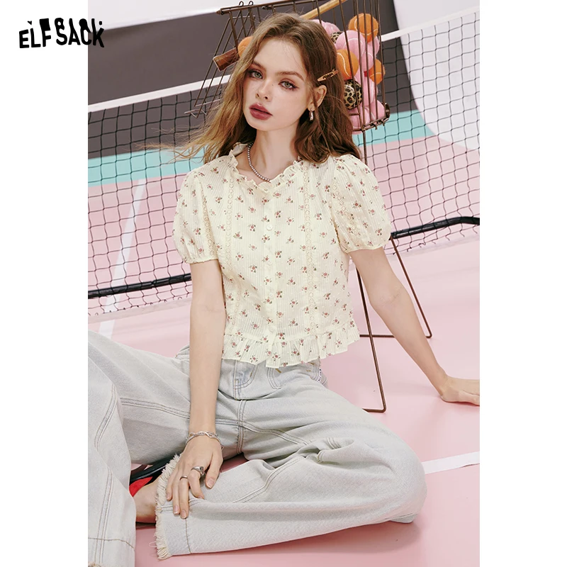 ELFSACK 2024 summer new arrival French lace print gentle style round neck puff sleeve temperament short sleeve shirt for women