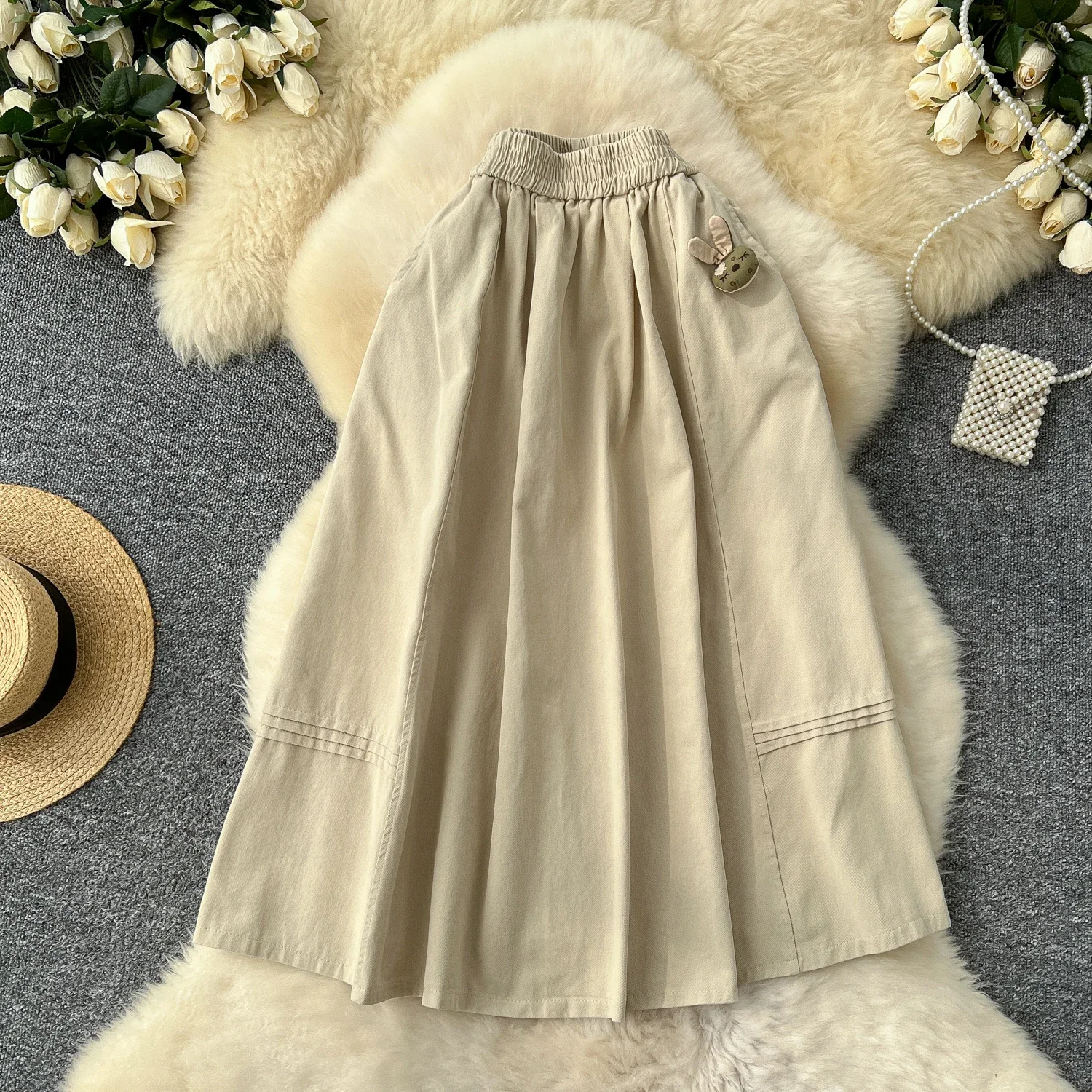 Vintage Three-dimensional Rabbit High Waist Women Long A-line Skirt French High Street Streetwear Autumn Winter Basics Clothing