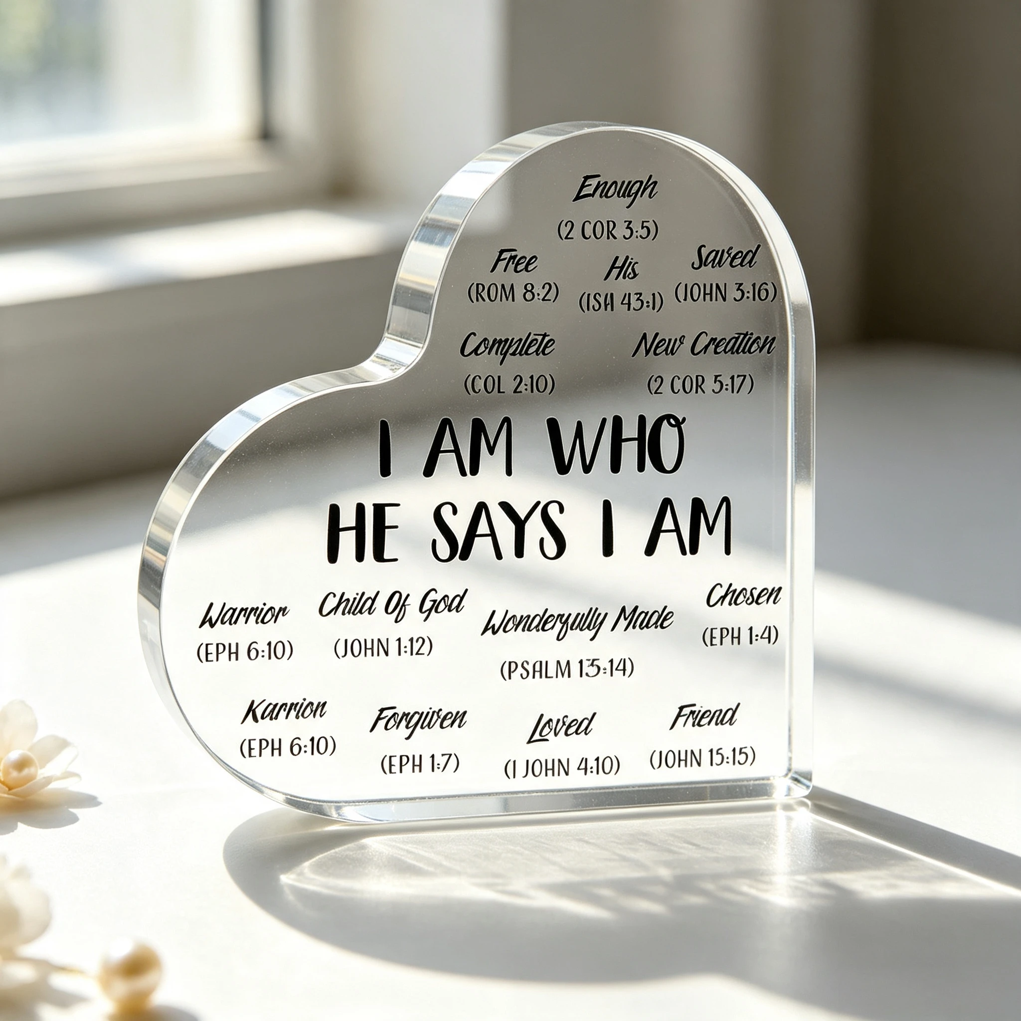 Heart Shaped Acrylic Plaque I Am Who He Says I Am Christian Bible Verse Desk Decor