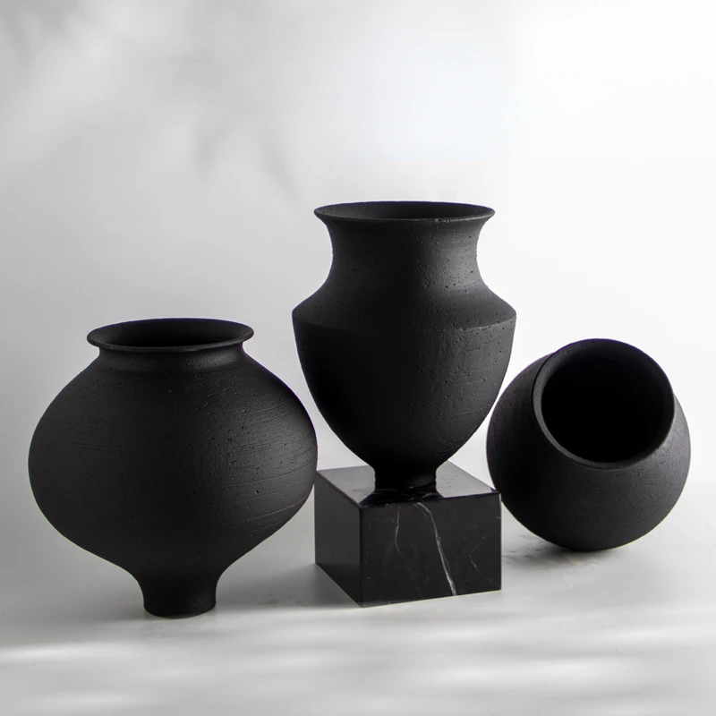 Modern Pottery Pot, Coarse Pottery, Black Pot, Retro Vase Decoration, Flower Ware Decoration