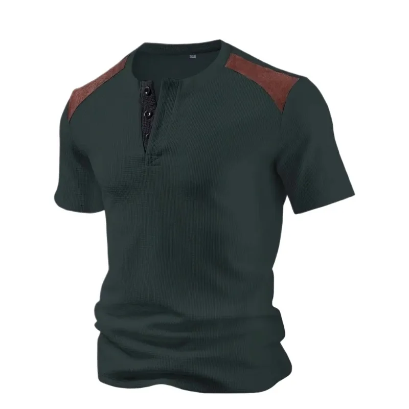 2025 Men's Clothing Summer Short Sleeve Henley Neck T-Shirt Casual Sport Fitness Tops & Tees