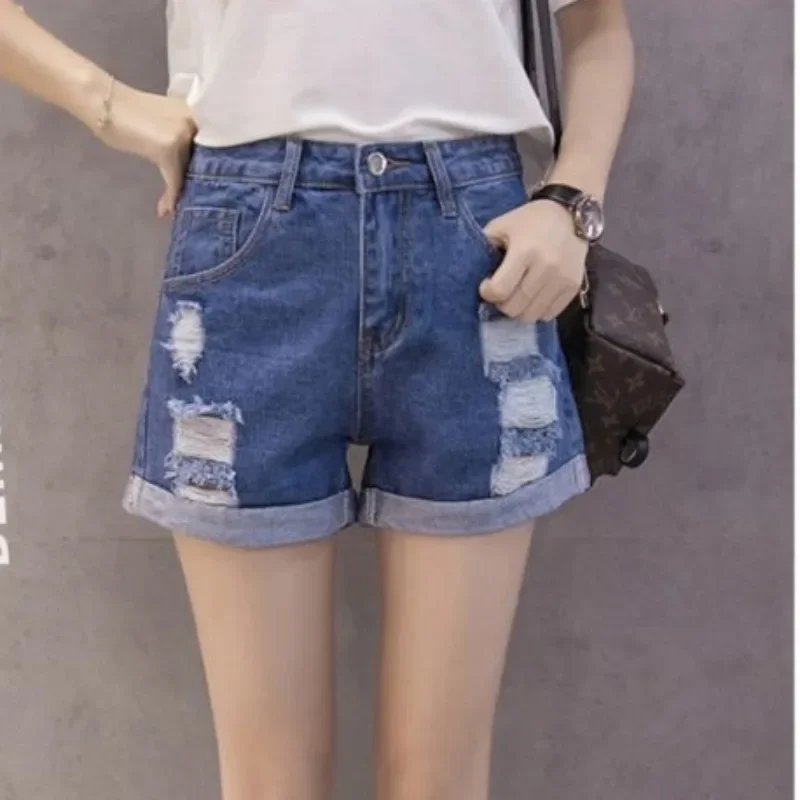 New Women Hollow Out Cuffed Denim Shorts Summer Vintage High Waist Wide Leg Jeans Shorts Spring Fashion Chic Student Hot Pants