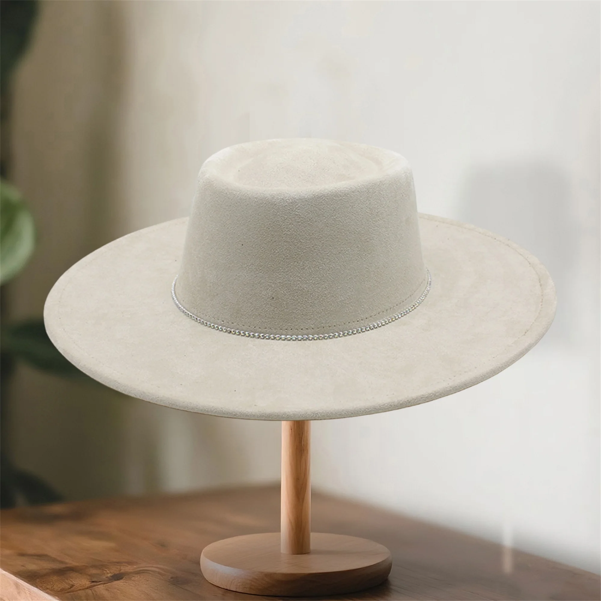 Women Men Panama Hat Fashionable Wide Brim Pearl Chain Fedora Caps for Outdoor Travel