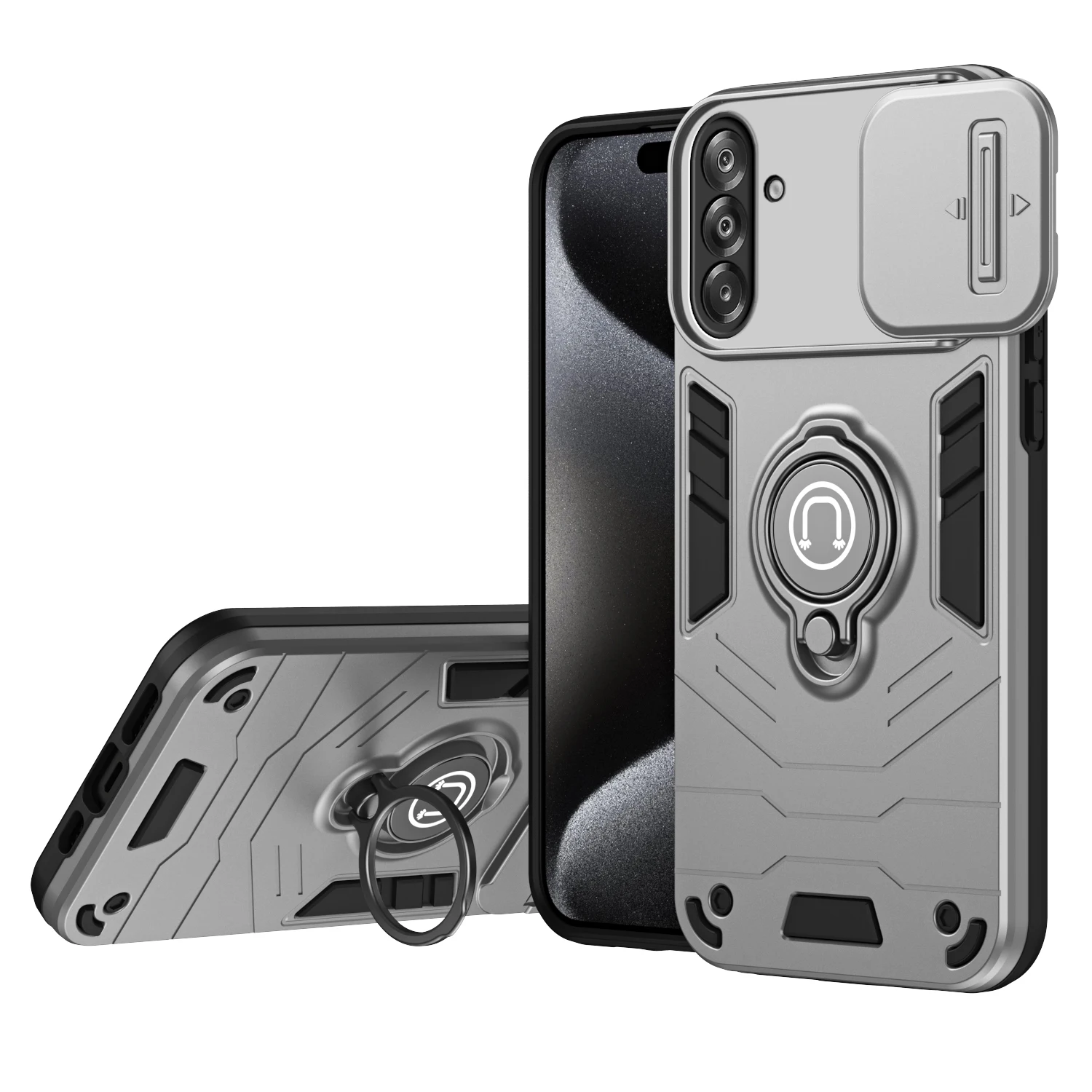 Sliding Window Metal Finger Holder Phone Case for Samsung Galaxy A27 5G PC+TPU Shockproof Armour Camera Protection Cover Funda