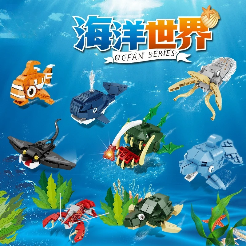 

Ocean World Lobster, Whale and Dolphin Series models Children's educational building blocks gift