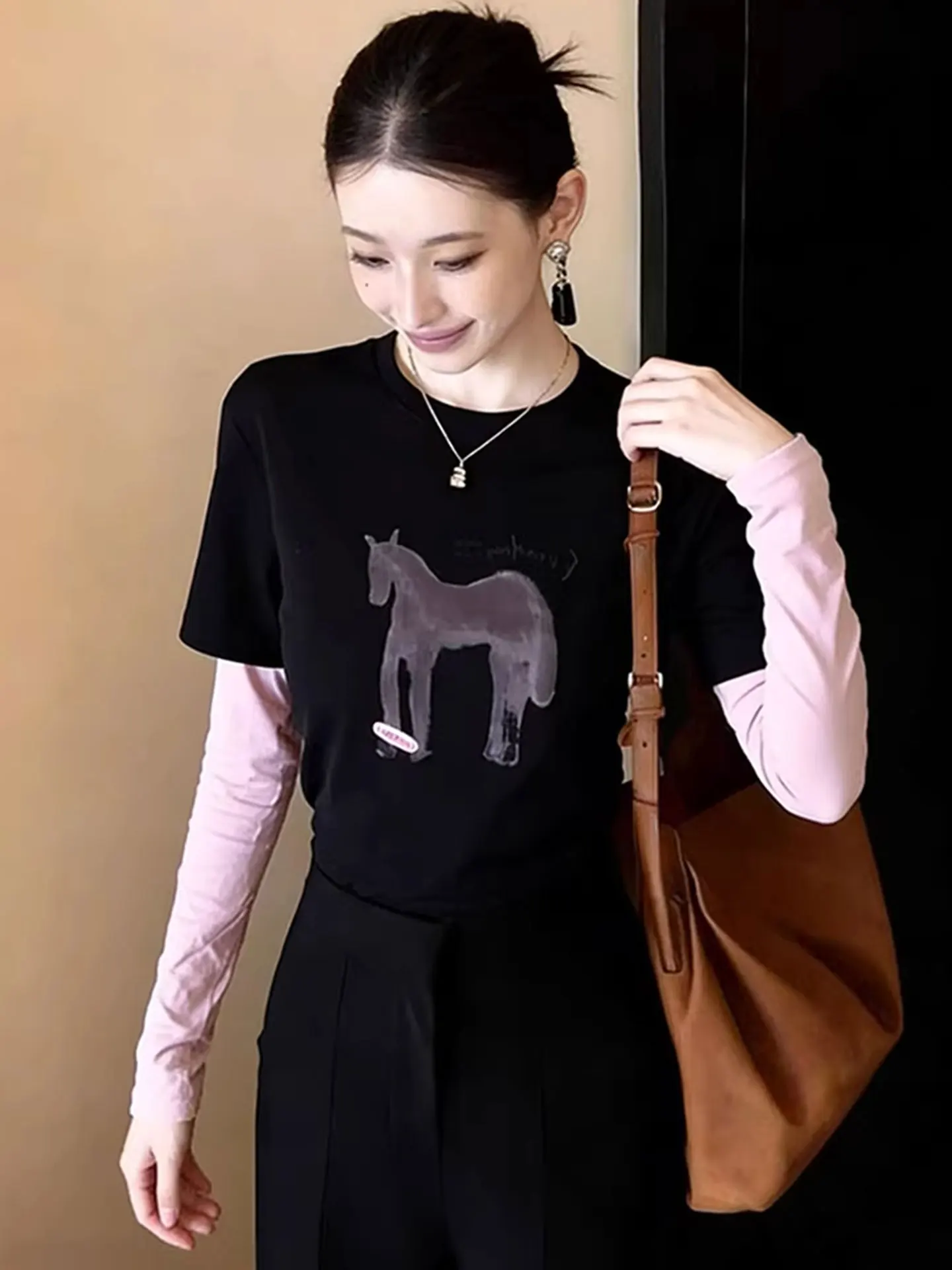 

Женская базовая футболка с длинным рукавом в корейском стиле, с цветовыми блоками, модная, весенняя, для ношения в качестве нижнего слоя