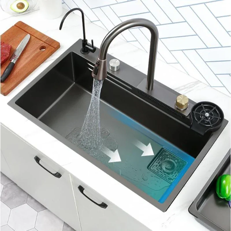 New Black Nanometer 304 Stainless Steel Waterfall Kitchen Sink 3MM Thickness Large Single Slot Above Mount Waterfall Faucet