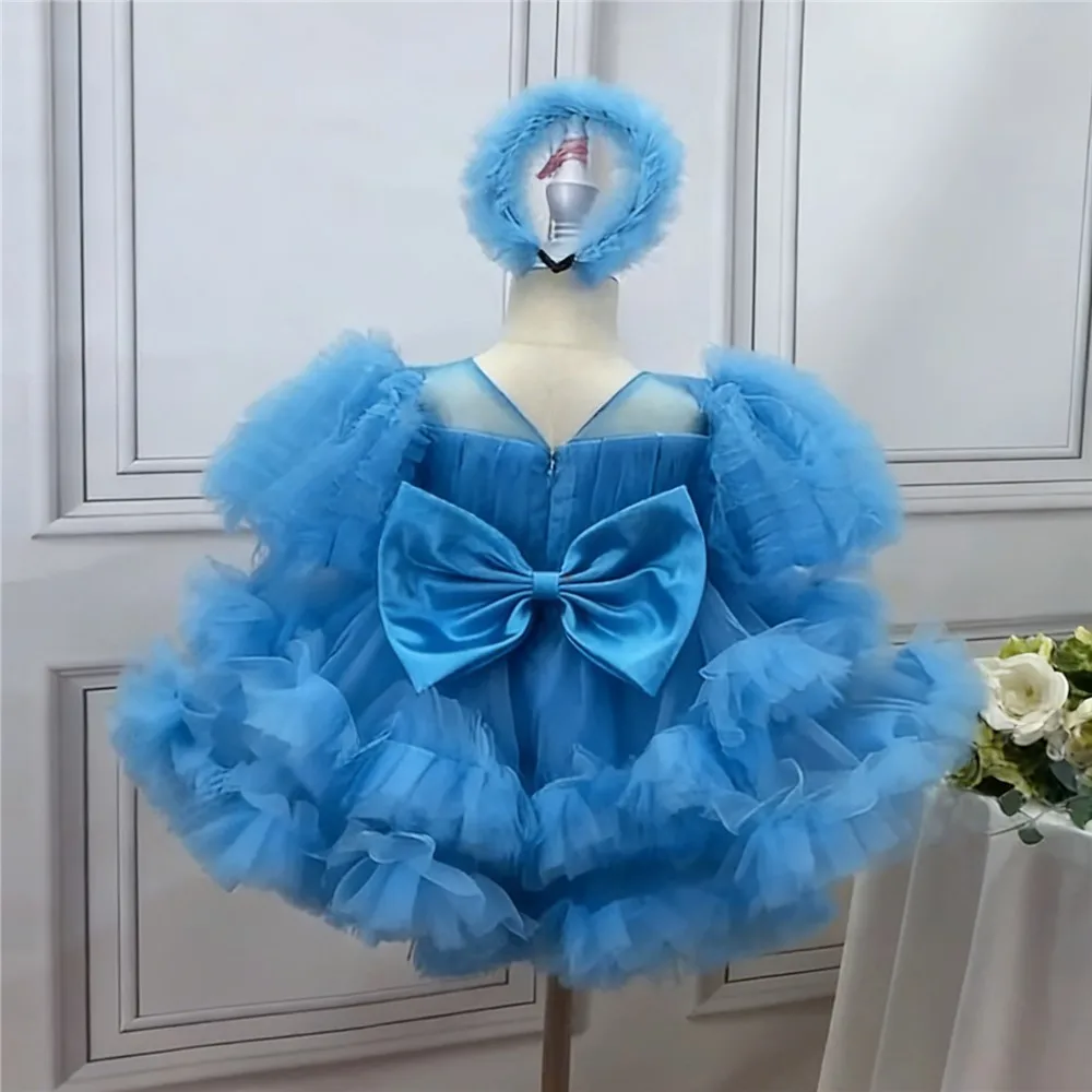 Luxury Flower Girl Wedding Dress Pearls Tiered with Bow Princess Birthday Party Dress Kids Performance Holy Communion Ball Gown