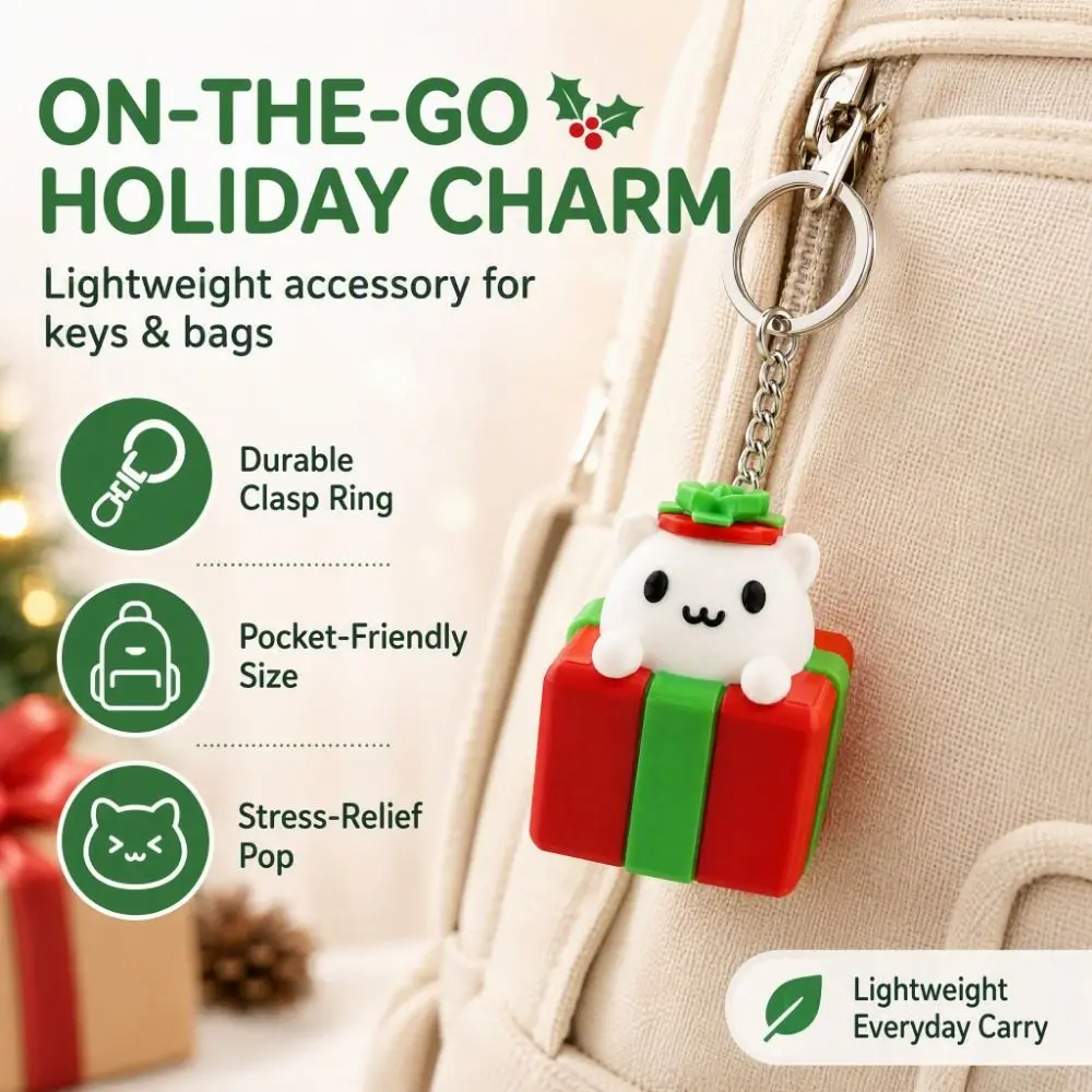 3D Printed Christmas Clicker Keychain Gift Box Shape Cat Button Press Key Ring Cute Kawaii Style Fidget Bag Cat Keychain Kids