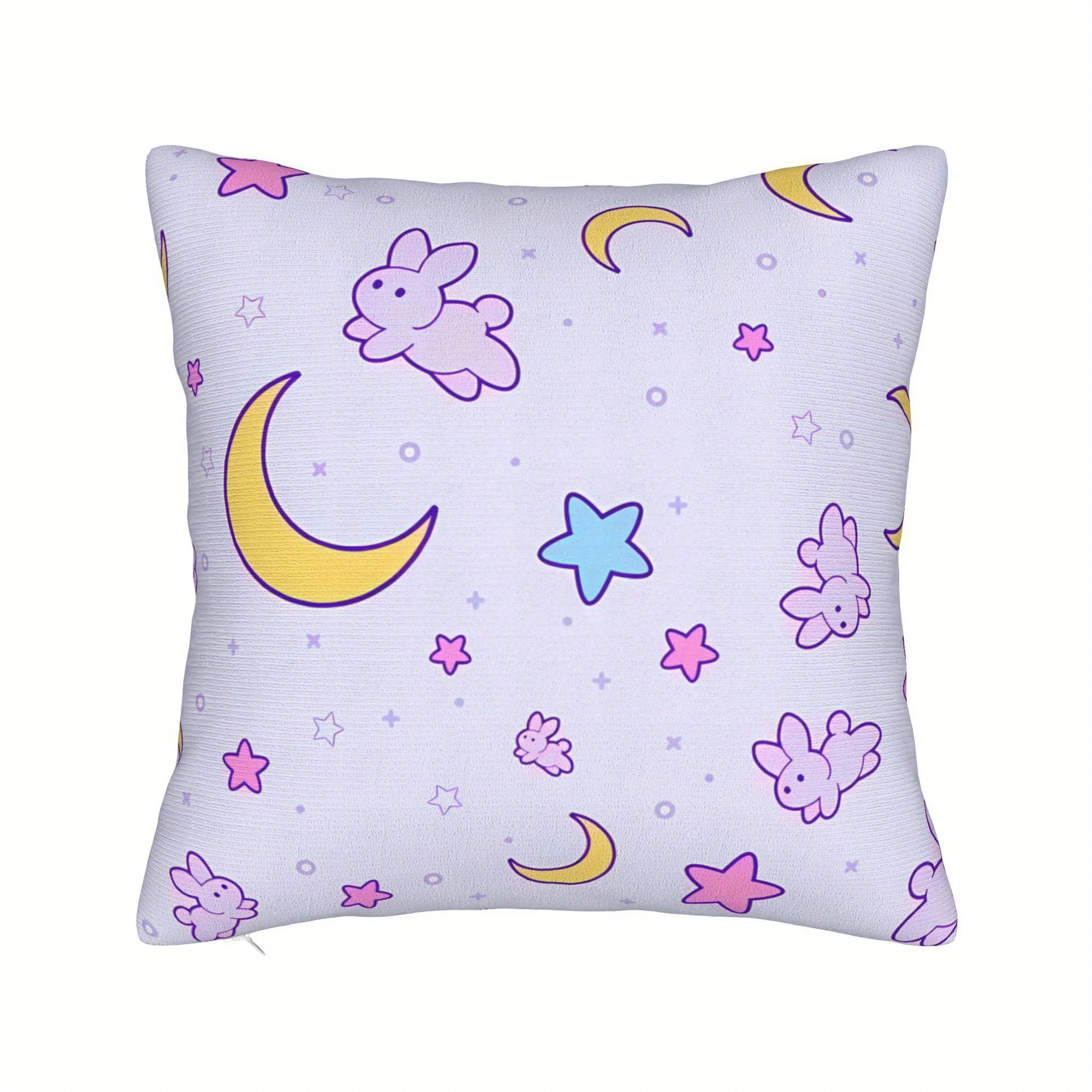 whimsical moon and stars pillowcase, cute cartoon rabbit pattern cushion cover living room bedroom home decoration gift