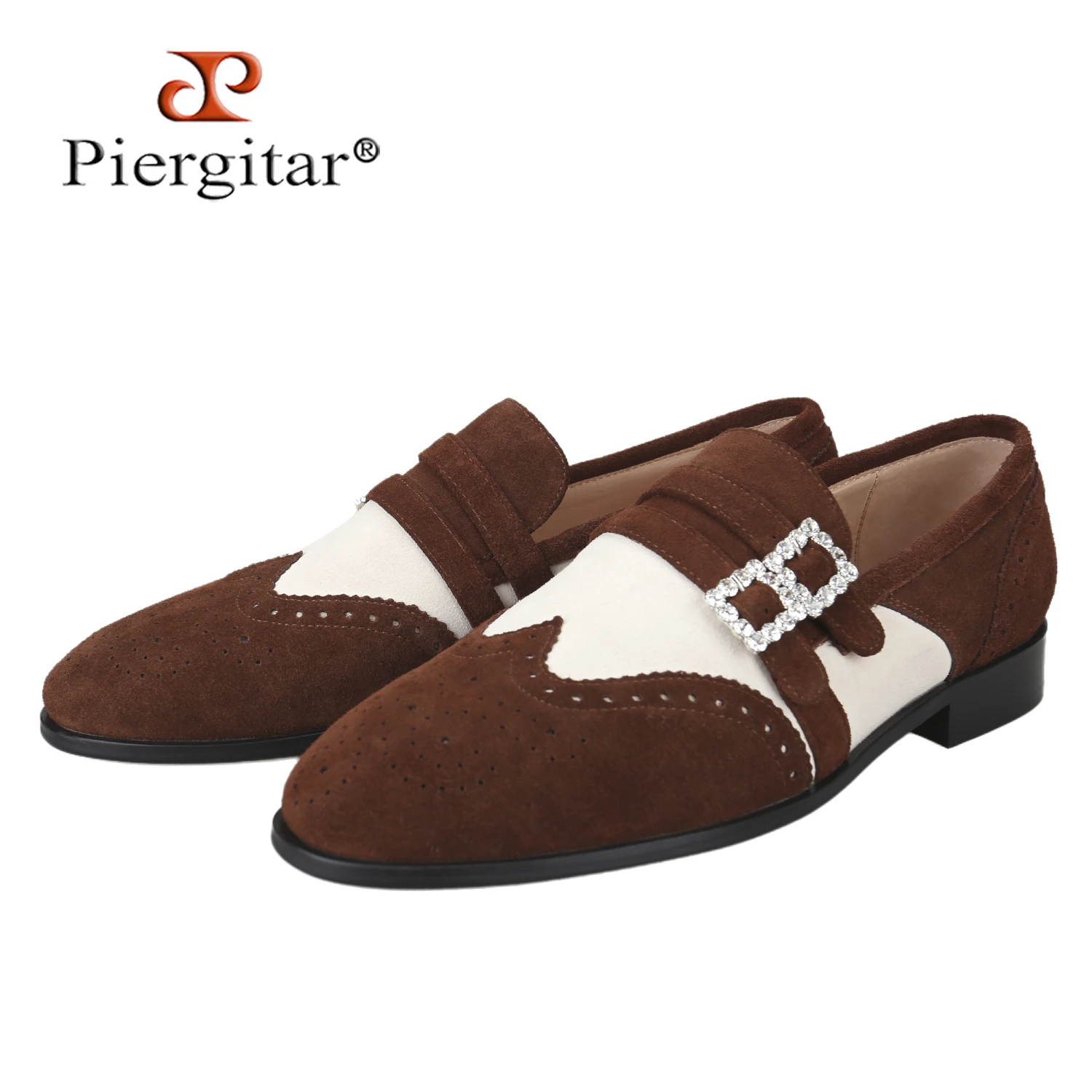Piergitar Handcrafted Suede Patchwork Double-Monk Belgian Loafers With Crystals Button For Party Formal Attire Men Casual Shoes