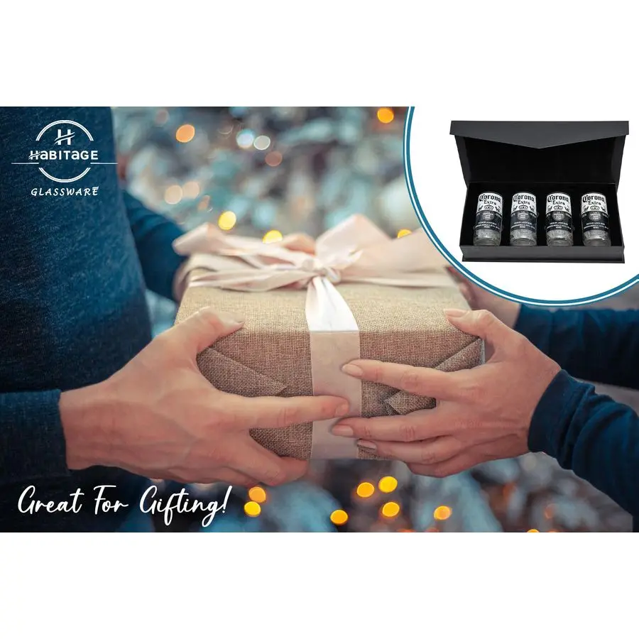 

Corona Extra Glasses Set of 4 with Gift Box EcoFriendly Glassware Handcrafted from Beer Bottles Ideal for Beer, Cocktails, Juice