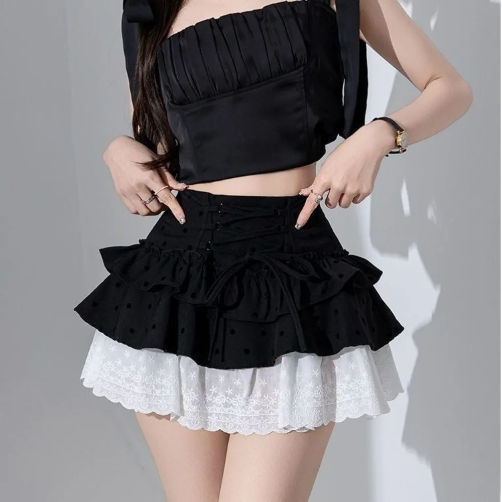 

Fashion Sweet Short Puff Skirt Lace Dot Flounce Short Skirt with Safty Pants High Waist A-line Cake Shirt Short Party