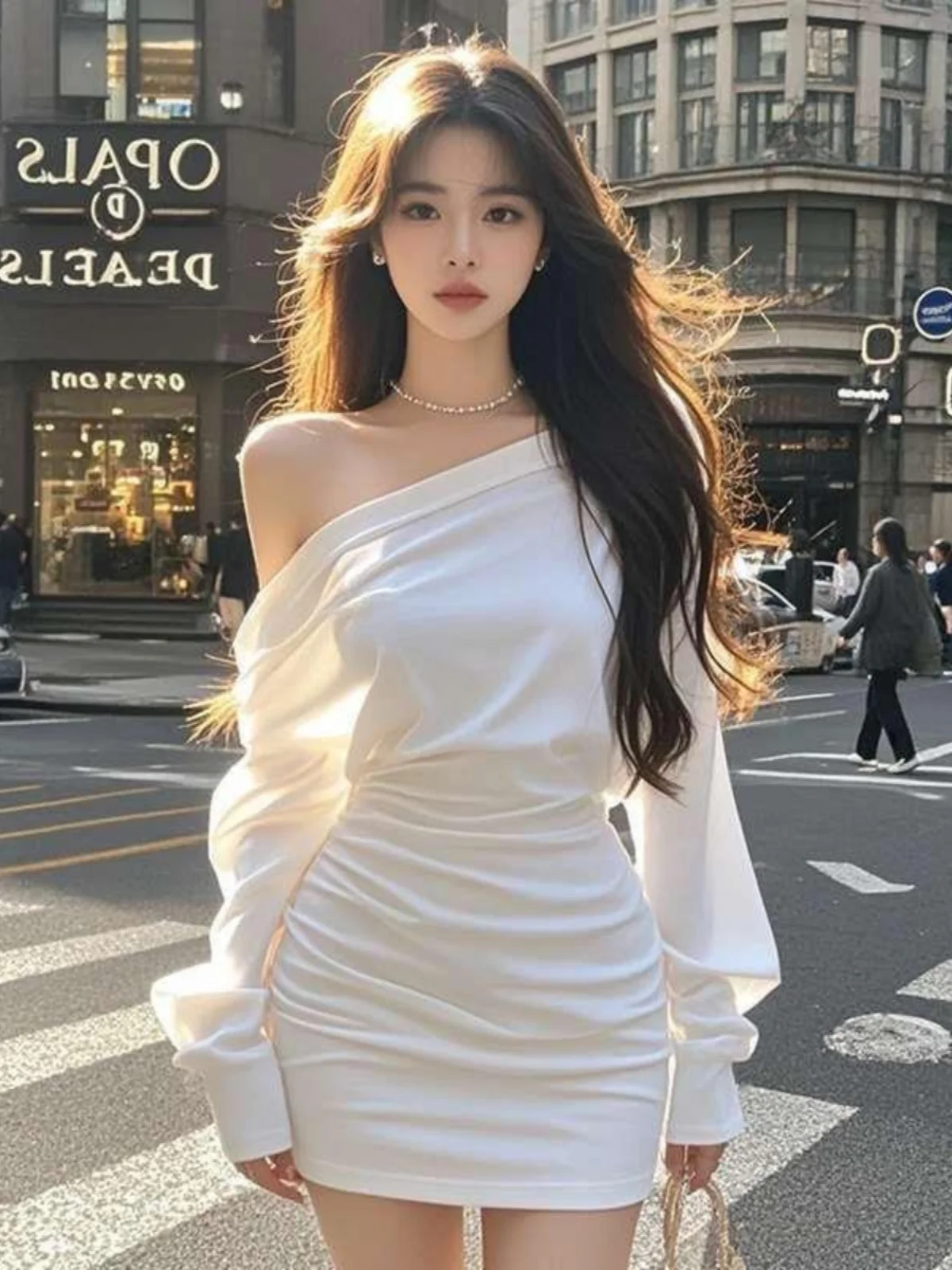 Plus Size plus Size Sexy White Asymmetrical Shoulder Dress Long Sleeve Bodycon Short Skirt for Heavy Women Comfortable Fit Ko...