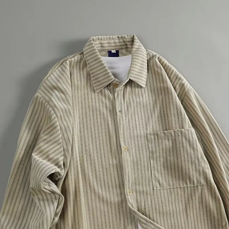 Retro Japanese Style Casual Loose Fit Corduroy Color Block Striped Long Sleeve Shirt for Men Autumn New Arrival Polyester