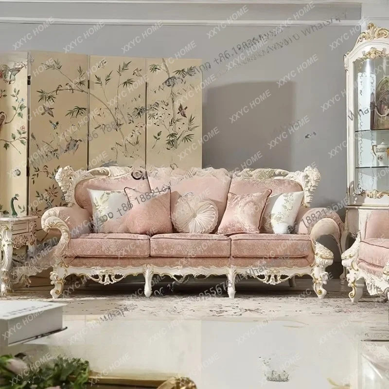 Pink Fabric Sofa Combination Living Room Solid Wood Hollow Carved  Furniture