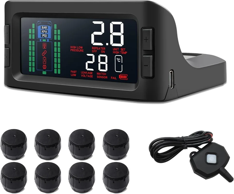 

Tire Pressure Monitoring System Solar TPMS with 8 Sensors & Signal Booster for RV Trailer Trucks, 3.3inch Large Screen