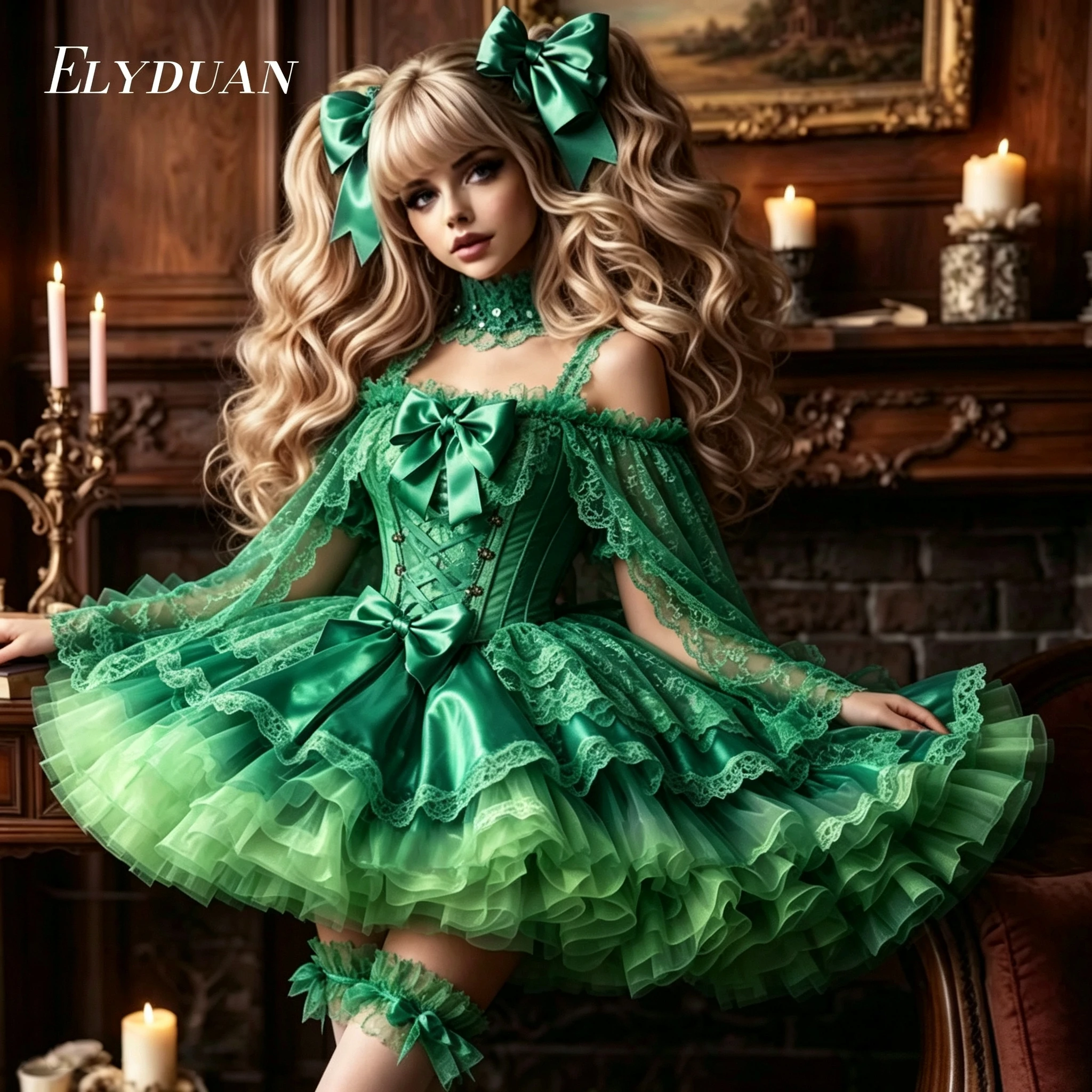 Emerald Green Gradient Short Lolita Prom Dress With Lace Cape Puffy Tiered Ball Gown Forset Elf Coslay Party Costume Customized