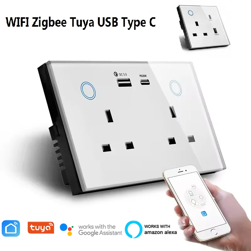 

Tuya Smart Life Wifi USB Type C Wall Socket Universal Electrical Plug Outlet Power Touch Switch Work with Alexa Google Home