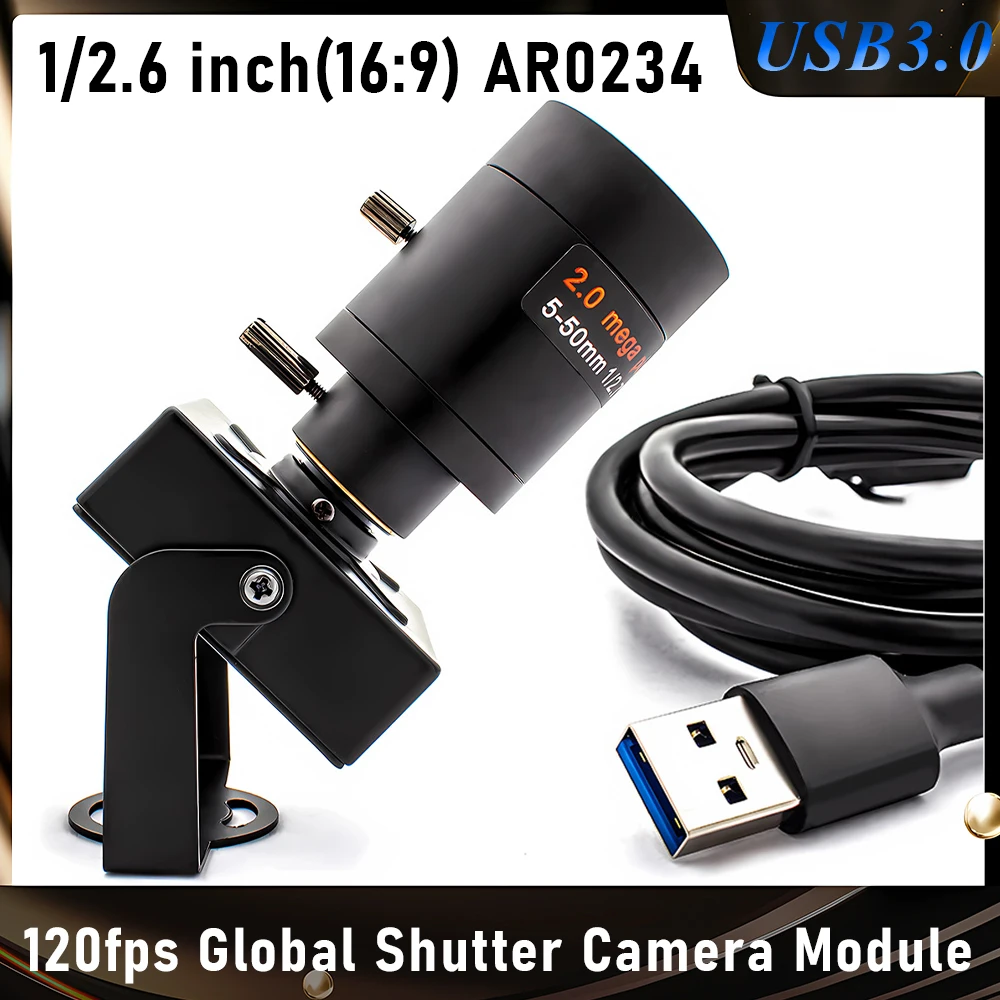 2.3MP 120FPS Global Shutter USB 3.0 Camera AR0234 Machine Vision Industrial Webcam Varifocal M12 Zoom Lens Metal Case Plug Play