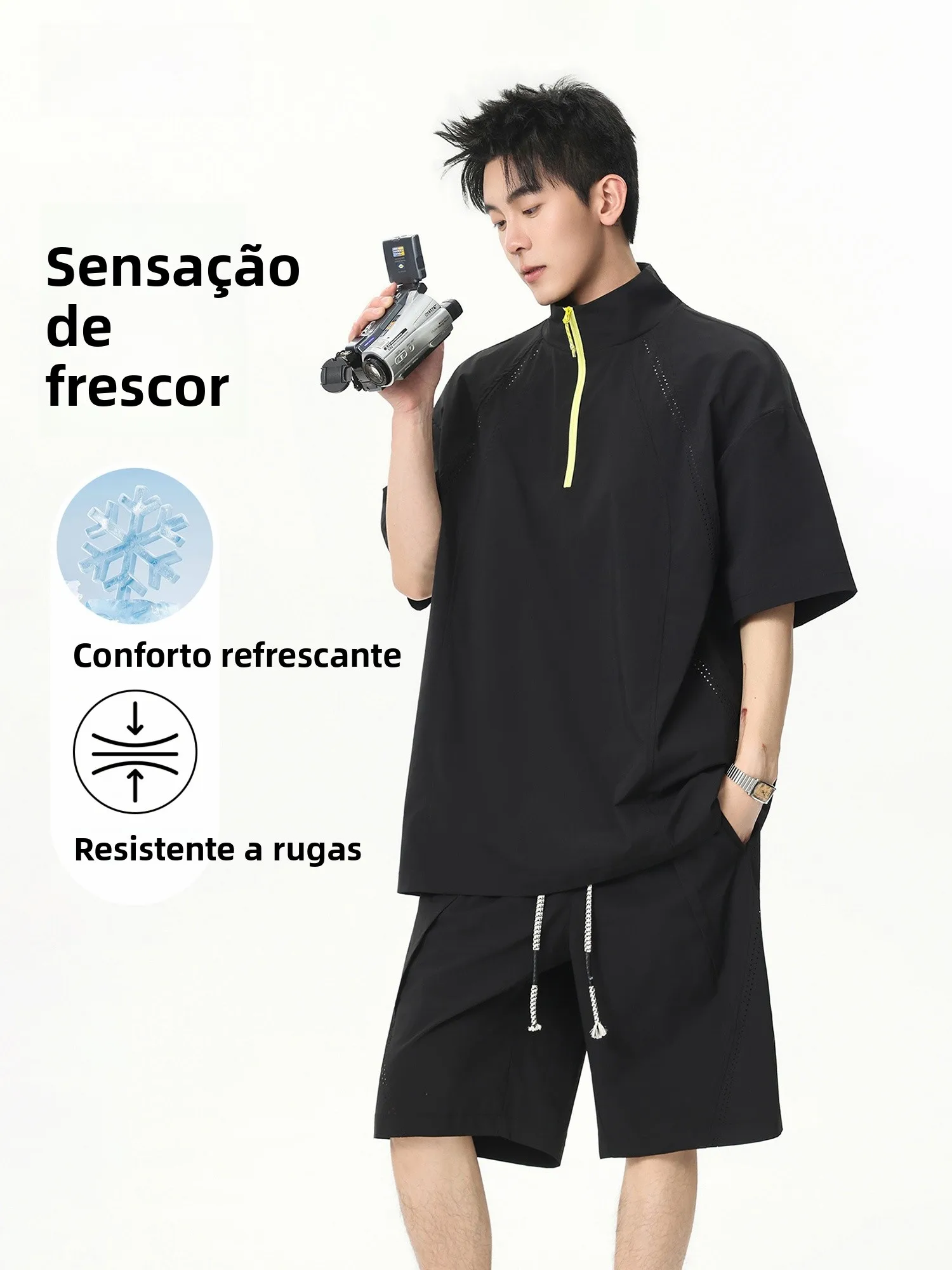 Conjunto Esportivo Estilo Americano Warrior para Homens Verão 2026, Conjunto Casual de Duas Peças em Seda Gelada com Meio Zíp...