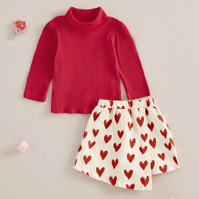 Toddler Girl Valentine's Day Outfits Red Mock Neck Long Sleeve T-Shirt Tops and Heart Print Skorts 2Pcs Set Kids Clothes