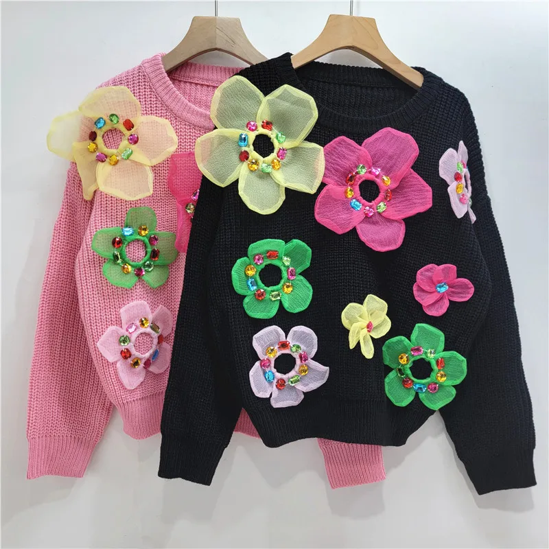 Winter Colorful Diamonds Beaded 3D Mesh Flowers Knitted Sweater Rhinestones Floral Pullovers Short Knitwear Jumpers Tops 2024