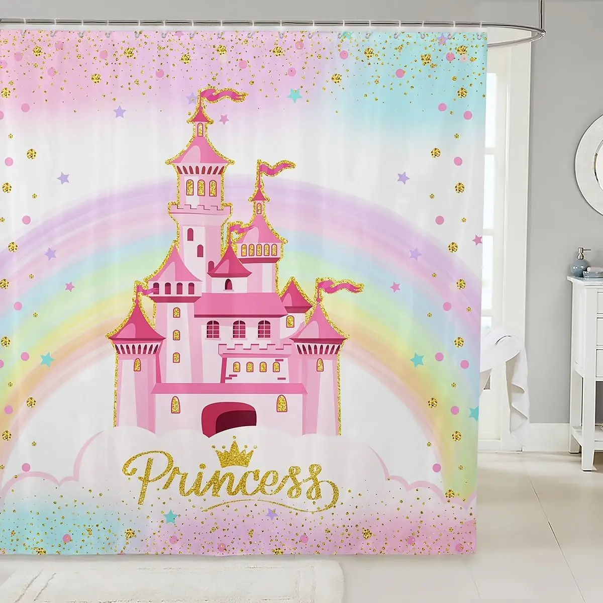 Princess Castle Shower Curtains,Starry Rainbow Sky Golden Sequins Glitter Bath Curtain,Fantasy Fairy Tale Girls Pink Cloth
