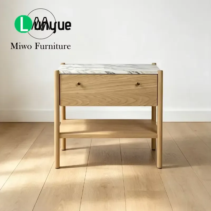 Modern Solid Wood Bedside Table with Natural Marble Top One Drawer 2 Cabinets Nightstand for Hotel Bedroom Furniture Storage